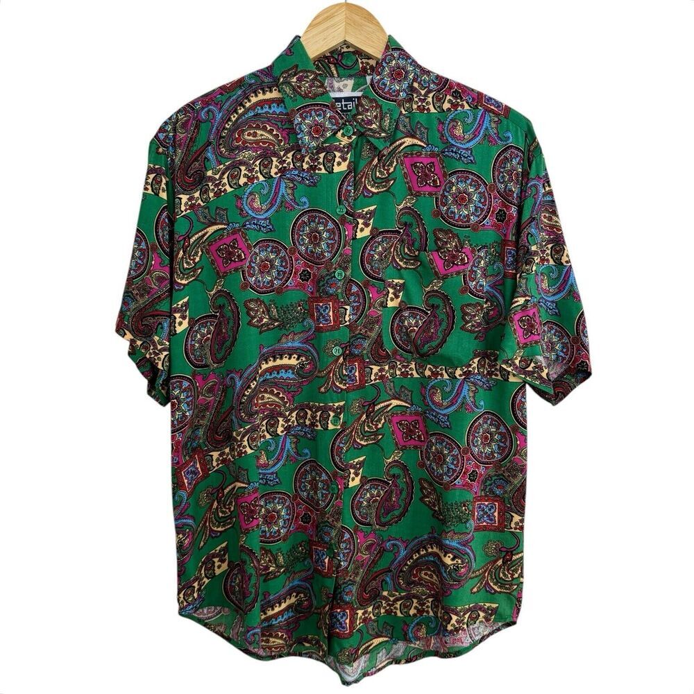 Vintage Paisley Button Down Shirt Women S Kelly Green‎ Artsy Colorful Old Money